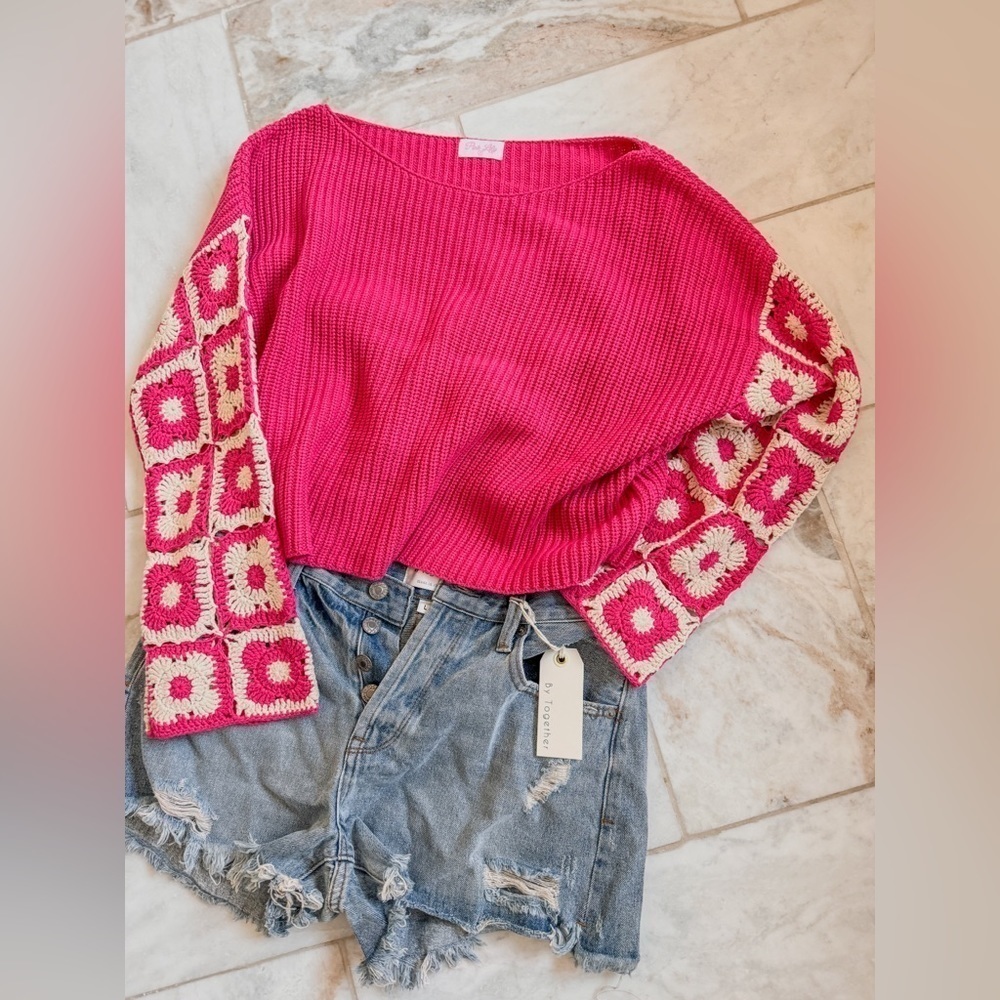 Pink Lily Fuchsia Crewneck Sweater with Crochet-Pattern Balloon Sleeves - Picture 16 of 16